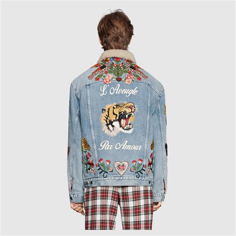 gucci embroidered denim jacket with shearling zayne|Gucci gg reversible jacket.